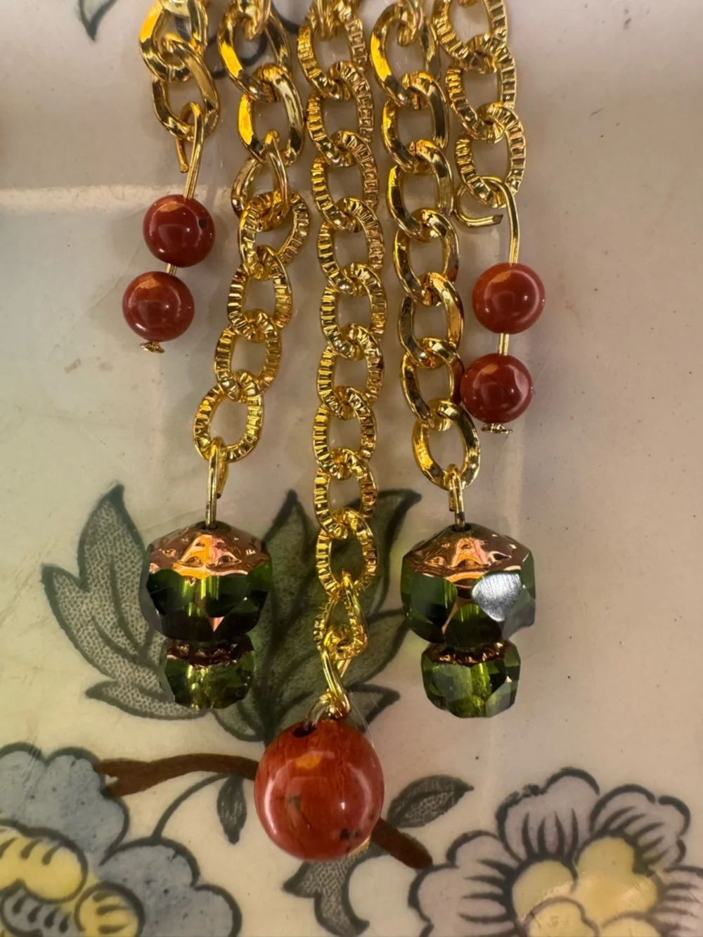 Gold-Tone Green and Brown Beaded Fringe Earrings - Picture 2 of 3